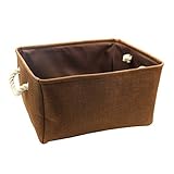 Kernorv Brown 100% Natural Cube Linen Collapsible Square Organizer Basket for Shelves with 2 Rope Ha