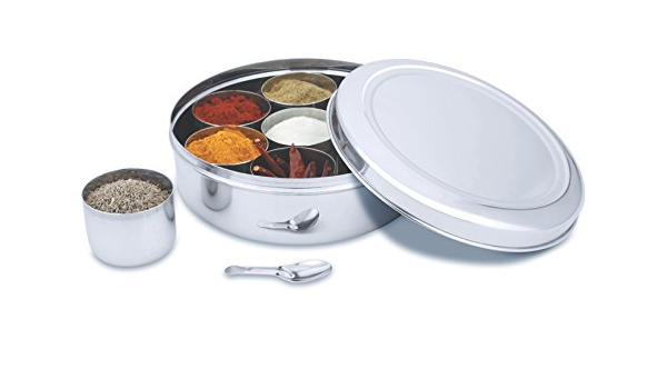 Amazon ステンレススチールラウンドスパイスボックスキッチンmasala Dabba 7コンパートメントダブル蓋 気密8インチ シルバー Whopperonline 調味料 スパイスラック