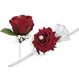 FAYBOXウェディングプロムワインレッドベルベットローズラインストーンコサージュとブートニアセットwith Silveryリボンストレッチブレスレット