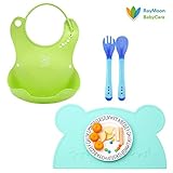 Raymoon ベビー　子供用　食事用 シリコン　防水　離乳食 エプロン　食事マット　ランチョンマット　キッズ　大きいポケット付き 軽量　 可愛い動物柄　食事こぼしキャッチ　持ち運び便利　誕生日　プレ