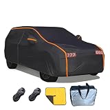 Eijooahz-ZJボディカバー 車 フリース裏地、サイドジッパー 360°サラウンド14点固定 60 秒で素早く設置でき、も防風、防水、防塵、紫外線耐性があります 雹対策 自動車カバー 防風ストラップ2本、タオル、収納バッグが付属します SUVに適しています（ブラックYL：465*185*175cm）