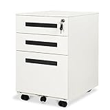 DEVAISE ワゴン キャスター付き サイドワゴン サイドキャビネット オフィスワゴン デスクワゴン プリンターワゴン インキャビネット プリンター台 袖机 ３段オールロック 鍵付きスチール製 ホワイト＋グレー NK 新生活