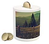 NatureコインボックスBank by lunarable、Mountain Valley With Fir TreeフラワーフィールドフェンスRuralパノラマ、印刷セラミックコイン銀行お金ボック