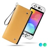 [Switch OLED & Switch全対応]Switch OLED ケース、持ち運び便利で、軽量でおしゃれなPU製Switch有機ELモデルケース、Switch OLEDとSwitch全適用、スイッチ本体/ゲームカード５枚、その他小物類を収納・持ち運びできる 【無料で親指キャップ２枚入り】 （イエロー＆グレー）