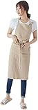 [n ] エプロン 100%リネン カフェ風 おしりが隠れる シンプル ポケット付き 家庭用エプロン (カーキ)