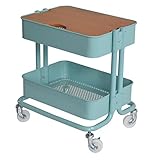 キッチン収納 2段キッチンワゴン 天板付きワゴン キャスター付き サイドテーブル スチールラック ベビーワゴン カラー6色 (ターコイズブルー奥行き365)