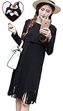 (ココアンドユカ) COCO&YUKA 裾 フリンジ レディース 膝 丈 ワンピース 長袖 授乳 服 授乳口 かわいい シック マタニティ (XL, ブラック)