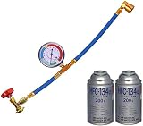 NEFUSI カーエアコン ガス チャージ ホース 60cm 圧力計付 R134a と日本製カーエアコン用冷媒 HFC-134a 缶セット 冷媒缶切バルブ (ガスチャージホース+冷媒ガス缶2本セット)