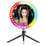 ASC LEDリングライト10インチ 16色10段階調光 4フラッシュモード 360°角度調整 三脚スタンド付き 撮影照明用ライトUSB給電