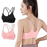 [YUMISS] 【2枚セット】スポーツブラ ブラジャー 揺れない【満点の安定感・薄手生地で通気サラサラ・38℃でも蒸れず】【背中[✕]構造・取り外し可能なパッド・不快感なし】ノンワイヤー 伸縮性 ブラ スポーツウェア スポーツブラジャー ヨガブラ (M, ブラック+ピンク)