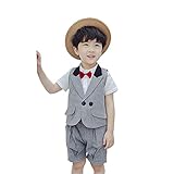 Ymgot 子供 フォーマル スーツ 男の子 半袖 ストタイプ柄 3点セット ベビー タキシード 結婚式 七五三 お宮参り パーティー (90cm, グレー)