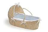 Badger Basket Natural Moses Basket with Hood, Blue Waffle Bedding by Badger Basket