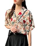 [ShuMing]アロハシャツ レディース 花柄 シャツ ブラウス 半袖 プリント おしゃれ トップス 薄手 カジュアル 夏服 ビーチシャツ ハワイ風 可愛い(Freeアプリコット)