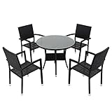 人工ラタンチェア4脚 丸テーブル1台 5点セット 強化ガラス 黒 籐 肘掛け付き 家具 ファニチャー インテリア スタッキングチェア リビング chair 椅子 南国 アジアン バリ風 リゾート ホテ