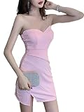 [ISLAYCAOLILA] ベアトップ ワンピース オフショルダー タイトミニ クラブドレス Vネック ノースリーブ ギャザー ウエストマーク レディース CN8 ミレーヌ (ペールピンク, S)