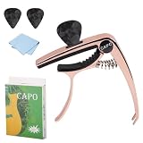 TokTech ギターカポタスト ワンタッチ式 ギターカポ アコギカポ 高級亜鉛合金 バネ式 クイックチェンジ トリガーテンション調整可能 ブリッジピン抜き機能 ピック2枚 拭きクロス 付き ギター ウクレレ用 (ゴールド)