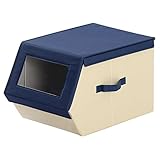 積み重ね可能 布製 BOX 衣類収納 おもちゃ入れ 折りたたみ ケース 箱 〔窓あり〕 幅30cm ネイビー