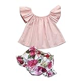 杜屋トヤ　ベビー、半袖、フライングスリーブ、無地、ブラウス+フラワーショーツ、2点セット、かわいいデザイン　気持ちいい　可愛い　カジュアル　赤ちゃん　プリンセス　ピンク70 80 90 100