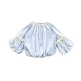 TimeCrashフレア袖 ボーダーブラウス お花刺繍 長袖 シャツ アップリケ 洋服 ブラウス ガールズ 春夏 女の子1~3歳 ブルー73cm