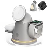 ZEEHOO Appleデバイス用3in1ワイヤレス充電ステーション、Qi2認証Mag-Safe充電器スタンド＆ライト iPhone 17/16/15/14/13/12＆AirPods＆iWatch＆ピクセル 10＆サムスンギャラクシーウォッチ高速ワイヤレス充電ステーション（30Wアダプター） (グレー)