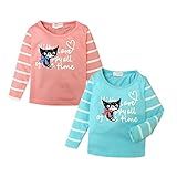 (ピンク/95cm)ベビー服 女の子 Tシャツ 長袖 ネコ柄プリント フロントプリント ボーダー柄 女児 ベビー