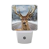 naanle Red Deer Bullエルクムースwith Beautiful Big Horn冬雪Forest Grey Sky Country Road自動センサーLED Dusk to Daw