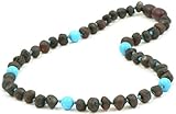 Unpolished Amber Teething Necklace with Turquoise Beads - 12.6 Inches - Baltic Amber Land - Raw Cher
