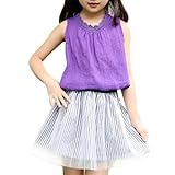 MyMei　子供服　Ｔシャツ　ワンピース　スカート　ガールズウェア　上下２点セット　通学　お出かけ　カジュアル　春夏ウェア　袖なし　柔軟性　通気性　 (130, パープル)