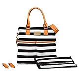 Chanasya Stripe Print With Brown Tan Leather Medium Size Tote Designer Stylish Modern Functional Qua