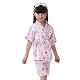 春夏 パジャマ 甚平 子供服 着物 お祭り 上下セット 女性用 バスローブ 浴衣式 前開き Vネック 花柄 120cm-130cm 半袖 おしゃれ 着物 ナイトウェア kootk ピンク M