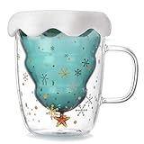 マグカップ クリスマス グラス製 300ml 二重構造 蓋付き 耐熱 保温保冷力抜群 熱傷防止 クリスマスツリー お茶/お湯/ミルク/コーヒー クリスマスプレゼント ギフト おしゃれ