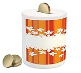オレンジPiggy Bank by Ambesonne、Autumnalカラー縦ストライプwith Little Wildflowers枠、プリント背景セラミックコイン銀行お金ボックスの保存の現金、オ
