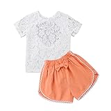 (ササレルン) Sasarelun 子供服 ベビー服 シャツ＋パンツ２点セット 上下セット 半袖透かし彫り ハートバックレス レース トップス パンツ 白飾り 夏服 アウトフィット 可愛い 女の子 ガ