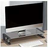 BESSTERモニター台 ガラス 卓上 高さ調整台 USB充電付き パソコン台 モニタースタンド パソコン台 机上ラック USB充電ポート付き ディスプレイ台 PC台 PCスタンド 卓上収納 強化ガラス+ABS 耐荷重30kg USBデータ転送付き (ブラック-USB充電ポート)