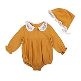 (ラランドリー) laraandlory 女の子 ベビーロンパース　オールインワン　長袖　綿　帽子付き　襟には刺繍あり (80/6-12ヶ月, イエロー)