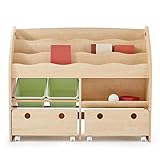 LOWYA （ロウヤ） おもちゃ収納 絵本棚 絵本ラック 本箱 おもちゃ箱 子供用 木製 ワイドタイプ ナチュラル×グリーン