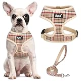 PUPTECK 犬 ハーネス リード セット 犬用 胴輪 はーねす 調節可能 着脱簡単 軽量 メッシュ 通気性 快適 ソフト 反射材付き 引っ張り防止 抜けない 喉に優しい 耐久性 散歩 安全 しつけ用 老犬介護 おしゃれ 小型犬 中型犬 大型犬 （カーキ チェック, Sサイズ）