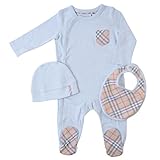 (バーバリー) BURBERRY コットン スリーピース ベイビー ギフトセット ブルー ボディスーツ ハット ビブ セット (6M)