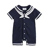 (ポルトプエルト) Porto Puerto 綿 半袖 マリン風 ロンパース 男の子 女の子 ベビー 赤ちゃん 80㎝ 紺色 白 赤 カバーオール トップス 夏服 (ネイビー)