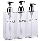 Segbeauty シャンプーボトル ディスペンサー 詰め替えボトル 3本セット 500ml 透明 方形 容器 大容量 おしゃれ 漏れ防止 簡単取り付け 浴室 洗面所 アルコール 洗濯洗剤 食器用洗剤 適用