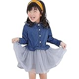 [YW] 子供 デニム シャツ 女の子 長袖 半袖ワンピース 無地 メッシュ チュールスカート ドレス 膝上丈 かわいい 通園 通学 キッズ ガールズ 子供服 春 秋 カジュアル 発表会90-150CM