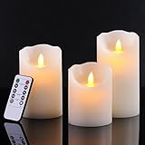 Flameless Candles 4" 5" 6" Set of 3 Ivory Dripless Real Wax Pillars Include Realistic Dancing LED Fl