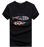 【Smile LaLa】 メンズ フィッシュ お魚 ワンポイント デザイン 半袖 シンプル Tシャツ インナー 小さい 大きい サイズ ゆったり (L, ブラック)