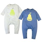 (ネイビー/80cm)ベビー服 男の子 カバーオール 長袖 綿100% ロゴ 梨プリント 前開き スナップボタン 男児 ベビー
