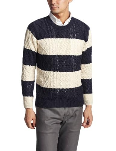Linen Cotton Nylon Tapeyarn Aran Crewneck Sweater 13080312002310: Stripe