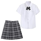 ルナリ 制服 3点セット 女子高生 JK ブラウス スカート リボン チェック柄 シンプル ハロウィン 仮装 コスプレ (グレー, M)