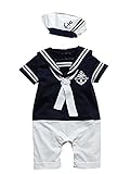 Nice Days（ナイス　ディズ） 欧米ファッションベビー服　男の子ロンパース 海軍風　ストライプカバーオール　帽子付き　半袖　男の子の日　 お出かけ 記念撮影 (95, ネービー)