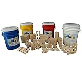 Wooden Blocks "Wooden Wonder" Large Set of 132 Maple Blocks for Kids in a Bright Blue Storage Bucket