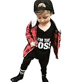 Aliciga ロンパース 新生児 子供服 男の子 バックレス かっこいい レターロンパー Ｔシャツ 無地 I'M THE BOSS プリント Oネック 長袖 シンプル ベビー服 (70, ブラック)