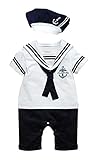 Nice Days（ナイス　ディズ） 欧米ファッションベビー服　男の子ロンパース 海軍風　ストライプカバーオール　帽子付き　半袖　男の子の日　 お出かけ 記念撮影 (80, ホワイト)